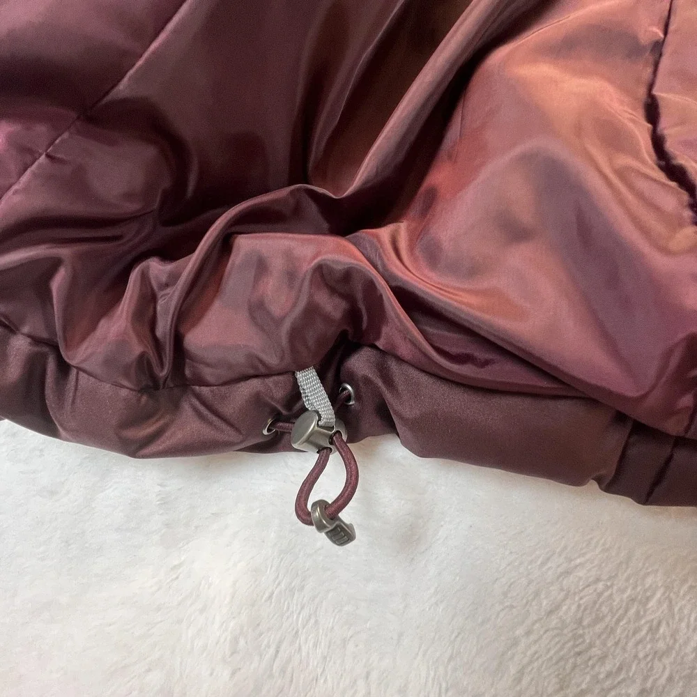 Lands End Youth Girls Down Puffer Jacket Sz L Maroon Fur Trim Hood Zip Pockets